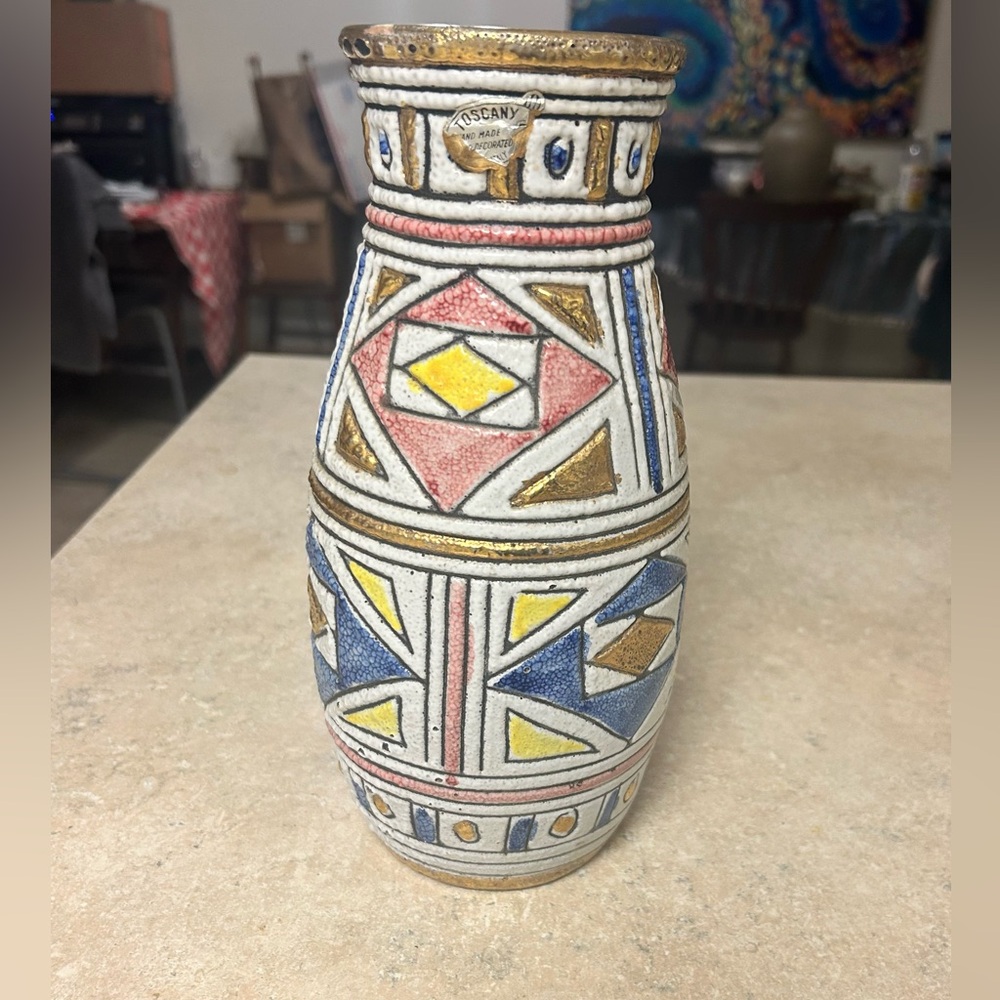 Tuscany Geometric Ceramic Vase in White, Blue, Pink & Gold